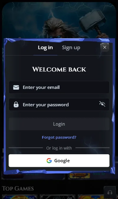 Schermata di login account ThorFortune Casino
